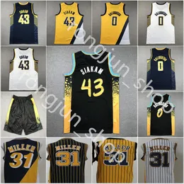 2023 баскетбольные майки Pascal Siakam 43 Tyrese Haliburton Jerseys 00 Реджи Миллер 31 Ретро Винтаж Все сшитые черные темно -синие белые желтые