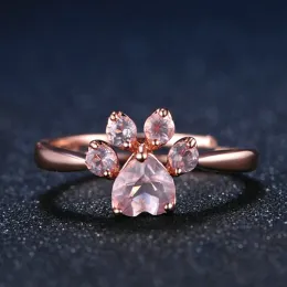 Anel de abertura de garra de gato fofo mulher pegada de cristal de ouro rosa pegada de cristal banhado anel de casamento romântico de amor romântico jóias