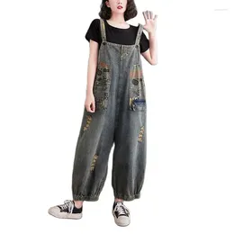 Women's Jeans Pengpious 2024 Denim Jumpsuit Vintage Washed Big Pockets Loose Design Letters Printed Fashion Women Overalls