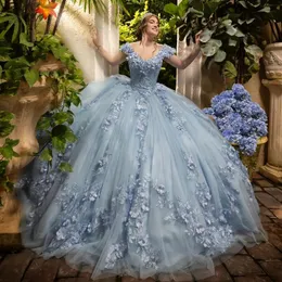 Sky Blue V-Neck Ball Gown Quinceanera Dresses 2024 Off The Shoulmer Appliques 레이스 꽃 Brithday Prom Gowns resido de 15 Anos Sweet 16