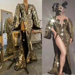 Women Contante Singer Exab Wear Gold Laser Specchio paillettes Long Dress BAR Nightclub Sexy Qerformance vestiti per la festa della festa della festa 289e