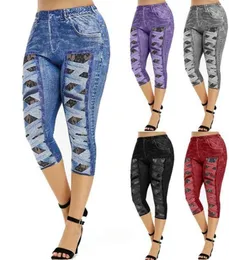 Stampa Donne a gamba corta jeggings perfetta fit jeans leggings ad alta vita elastico capri leggins pantaloni estate falso denim19327398