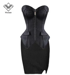 Corset Sexy Corsets and Bustiers Burlesque Black Stripe Corset with Skirt Zipper Lace Up Corsages Sexy Corselet Plus Size S6XL9955465