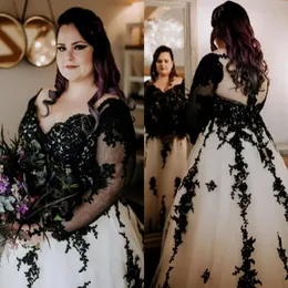 Blygsam elegant plus storlek en linje bröllopsklänning brudklänningar svarta applikationer ihålig back troåg skräddarsydd tyll v hals formella dres 2929