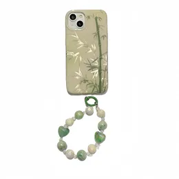 Green National Style Bamboo nadaje się do iPhone15promax Apple 14/13/12 Połącz telefonu komórkowego, niewielka liczba chińskich dziewcząt