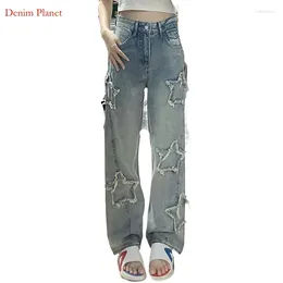 Damen Jeans Jeans Denim Planet High Street Star Ragged Edge Patch Spring lose und schlank gerade weites Beinbodenschlepphose