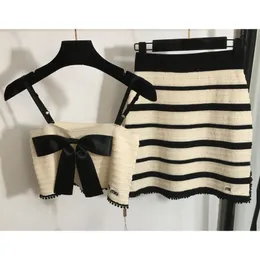New miu women sexy knitted set, embroidered letter Bow knit camisole vest with casual short skirt