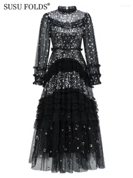 Vestidos casuais Susu Mesh de lantejoulas elegante trajes de baile feminino stand ruffles com maxi formal maxi verão 2024 su-d160