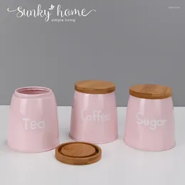 Förvaringsflaskor rosa färgköksfack uppsättningar för te kaffe socker bönpulver godis burkar spannmål dispenser med lock metallflaska