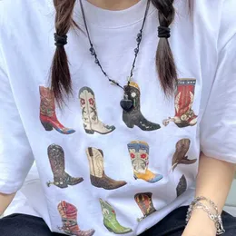 Damen-T-Shirt-Stiefel westliche Frauen Sommer Lose Vintage Bohemian T-Shirt Cowboy Girl Cowboy süße grafische T-Shirt Hippie Vintage T-Shirt J240527