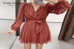 Inspirit Arrival Women039s Office Lady Style Vneck Wide Weist Ball Dot Puff Full Sleeves Big Bow Bar Cool Summer Dress C1831928