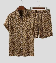 MEN039S Tshirts Men 2 кусочки сета для отворота леопардовой рубашки с короткими рукавами для повседневных пляжных шорт уличная одежда Hawaiian Cutty55557307