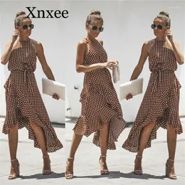 Sıradan elbiseler xnxee vintage kadınlar polka dot yaz fırfırlar yular düzensiz dantel yukarı elbise kadın vestidos için kolu