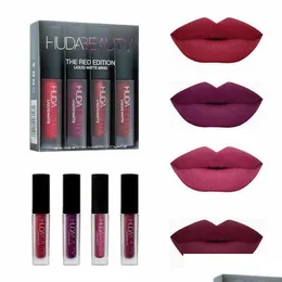 Lip Gloss Huda는 4 가지 색상 무광택 방수 가공되지 않은 비전제 립스틱 메이크업 여성 화장품 관리 도매 드롭 배달 heal otfo3