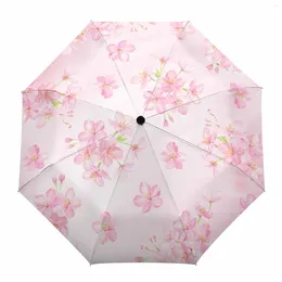 Paraplyer akvarell Cherry Blossom Flower Automatic Paraply Travel Folding Porasable Parasol Windproof