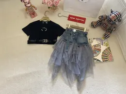 P style Children casual clothes sets girls letter belt short sleeve T-shirt with tulle skirts 2pcs summer kids designer outfits S1429