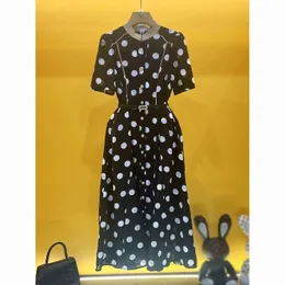 Designer Abito a stella di alta qualità con elegante temperamento a pois nero stampato dimagrante stampato in seta luminosa a manica corta signore abito da festa