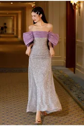 Sukienki imprezowe Piękne lawendy kochanie koronkowe wieczorne kokardowe srebrne cekiny fioletowe formalne dorosłe 2024 jechał de morrie p2416