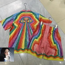 Vintage Rainbow Splic Kolor Koszulki Zestaw mężczyzn Kobiety Kuba Kołnierz Hawaje plażowe Surf Suit 240518