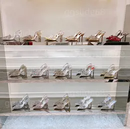 豪華なデザイナーRene Caovilla Lace Heels Shoe Diamond Heel Women Weddy Wear Wear Rhinestone Decorative Sandal