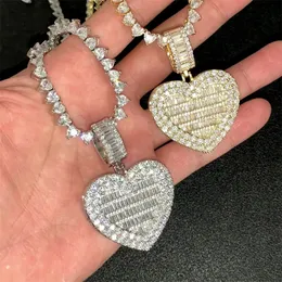 Iced Out Bling Can Be Opened Heart-shaped Photo Pendant Necklace Hearts Tennis Chain Cubic Zirconia Fashion Women Men Jewelry