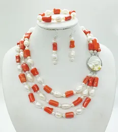 Серьги ожерелья устанавливают классические 3 ряда натуральные коралловые барочные жемчужины, новейшая свадьба невесты моды