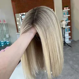 Peruansk mjukt hår kort bob ombre blond 613 silkeslen rak 180densitet djup spets fram peruk för svarta kvinnor babyhair förplucked glueless dagligen