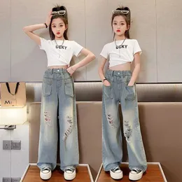 Jeans Retro torn jeans suitable for girls fashionable high waisted 2024 spring and autumn broken holes wide legs childrens WX5.27LF84