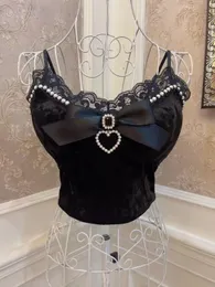 Bow Love Rhinestone Pearl Lace Edge Slim-Fit Slimming Chest Pad Navel-Exposed Short Crop Top Velvet Spaghetti Straps Vest 240521