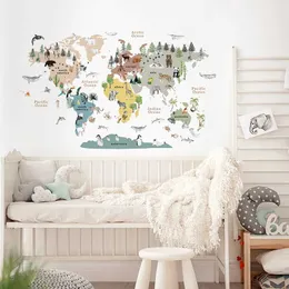 Wanddekoration Cartoon Große Weltkarte Tiere Thema Bildungswandaufkleber Nordic Nursery Art Decals für Kinderzimmerstudienzimmer Dekoration D240528