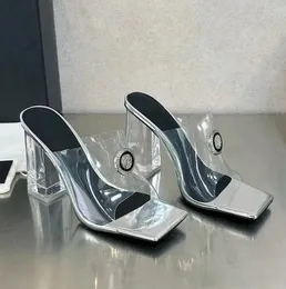 Şeffaf PVC kristal terlikler katır slayt moda kalın yüksek topuklu açık ayak ayak parmağı slipsoleopen lüks tasarımcı sandaletler tıknaz topuklu terlik ayakkabıları