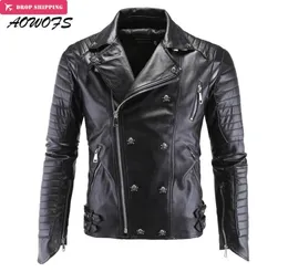 Ganze Aowofs Herren Lederjacken Schwarze Motorradjacken Schädel Nieten schräg Reißverschluss Schlanker Fit Quilting Punk Leder Jacke1623463