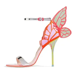 Neue Damenstil kostenlos 2024 Versand Patentleder Sexy High Heel 3D Butterfly Print Sophia Webster Open Toe Sandalen farbenfroh 011