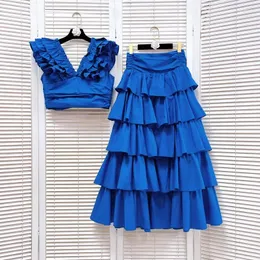 Work Dresses Summer Solid Color Short Tank Tops Outer Wear V-neck Ruffled Vest Mid-Length Cake Skirt Suit Ladies Two Piece Set Outfits