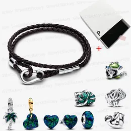 NEW 925 silver designer bracelets for women Climbing Frog Charm Pandoras Leather Bracelet Green Heart Stud Earrings luxury high quality jewelry