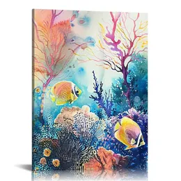 Colorful Ocean Fish Decor Wall Art Tropical Fish Pictures Watercolor Coral Canvas Painting Framed Artwork for Bathroom Living Room Bedroom 16"x20"