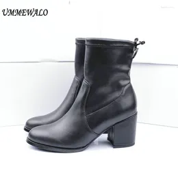 Boots UMMEWALO Women Genuine Leather High Heel Elastic Qualiy Shoes Ladies Casual Autumn Winter Botines Mujer