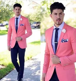 Pink Casual Slim Fit Men Suits med hackat Lapel 2 -stycken Wedding Tuxedo för Groomsmen Man Fashion Jacket med Navy Blue Pants X094806966