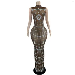 Stage Wear Brown Perspective Shining Rhinestones Pearls Sexy Sleeveless Long Dress For Women Evening Celebrity Singer Costumes 275W