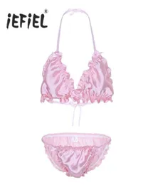 IEFIEL Sissy Mens Ruffled Filly Shiny Lingerie Set Set Strappy Halter Bikini Bra Top с трусами GSTRINGS LOANGEBEAR GEAP PANTIS2776818