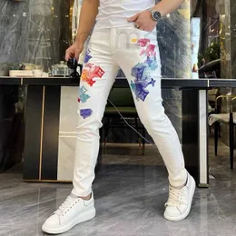 Men's Jeans designer European light luxury men's white jeans Tiktok net red personality color printing elastic four season ruffian handsome pants J5MF