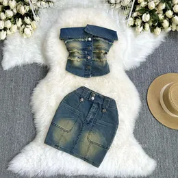 Pure Desire Spicy Girl Style Denim Set With Raw Edge Design Strapless Vest+Hög midja Slimmning Wrap Hip Kort kjol