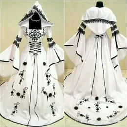 2020 Celtyckie czarno -białe suknie ślubne z czapką Unikalne sukienki ślubne z wykwintnym haftem gorsetem na zamówienie 3209