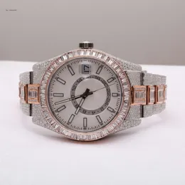 Men's Fully Iced Out-Date Dial Moissanite Wrist Watch / With Round And Baguette Vvs-Moissanite Diamonds