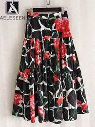 Saias Aleseen Cotton Skirt Runway Moda feminina Black Red Flowers Impresso na cintura alta elegante férias casuais sicilianas