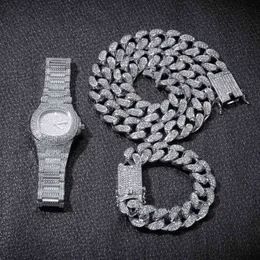 Watch Necklace Bracelet Hiphop Curb Cuban Chain Gold Out Out Miami Paved Rhinestones CZ Bling Rapper for Men Party Jewelry Gift X0509 310D