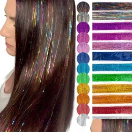 Saç Aksesuarları 90cm Sparkle Tinsel Gökkuşağı Renk Strands Girls Headowe Saçlama Lazer Yanlış Uzantılar Dekor Glitter Şeritler Dro Dhorw