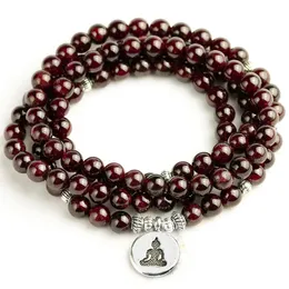 Natural A Garnet 108 Beads Mala Bracelet 6mm Stone Women Men Men Lotus Om Charm Yoga Bracelets Drop 240528