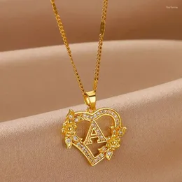 Pendant Necklaces Zircon Flower Initials For Women Stainless Steel Heart Gold Color Letter Chain Collar Choker Necklace Alphabet Jewelry