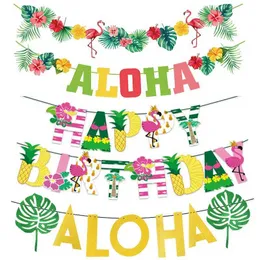 バナーストリーマー紙吹雪ハワイアンパーティーの装飾フラミンゴガーランドハワイルアウトロピカルアロハバナー夏の誕生日飾りD240528